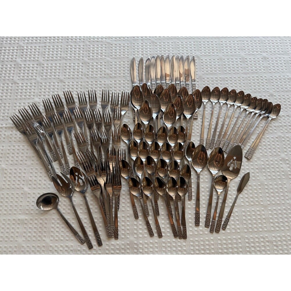 104 Pc Customcraft Taiwan Stainless Flatware Silverware Lot MCM Floral Scroll